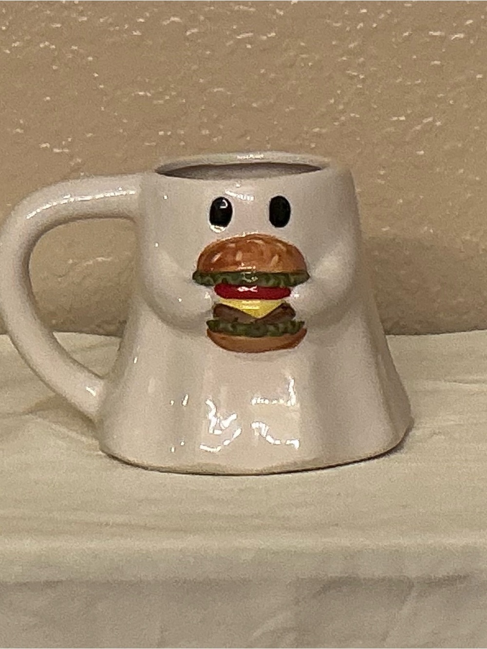 Halloween White Ghost Eating a Hamburger Mug.  New